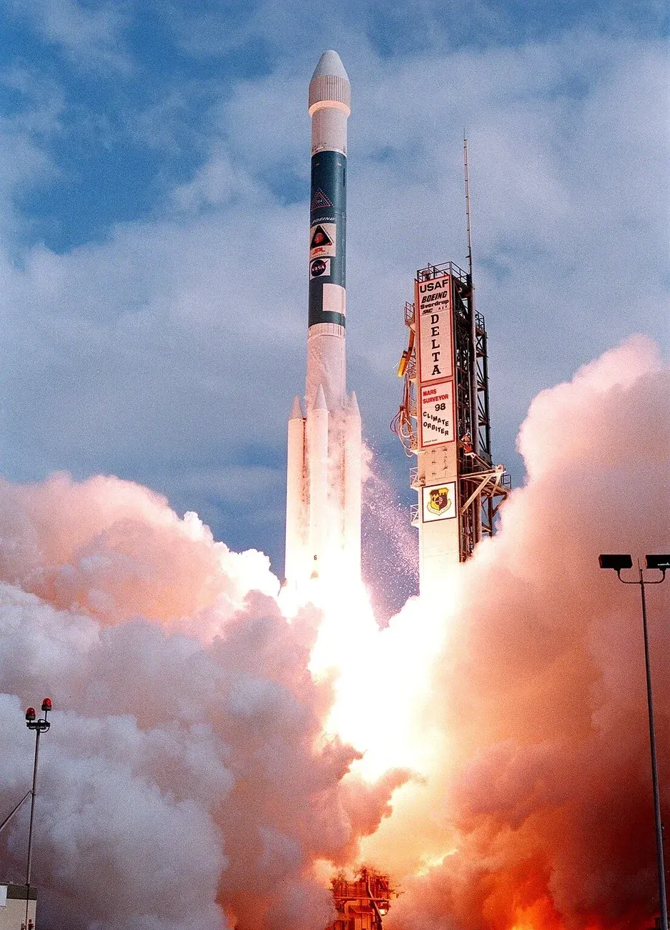 NASA Delta II rocket launching the Mars Climate Orbiter spacecraft from Cape Canaveral, December 1998.