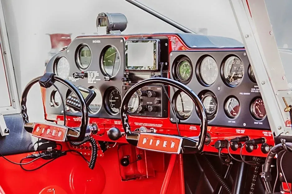 Close-up of vintage cockpit instrument gauges with analog dials, editorial aviation photography.