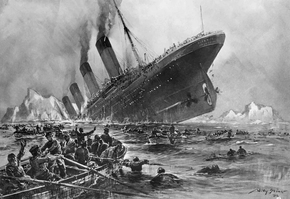 Willy Stöwer's 1912 illustration of the RMS Titanic sinking, with lifeboats and passengers in the foreground and icebergs visible behind the listing ship.