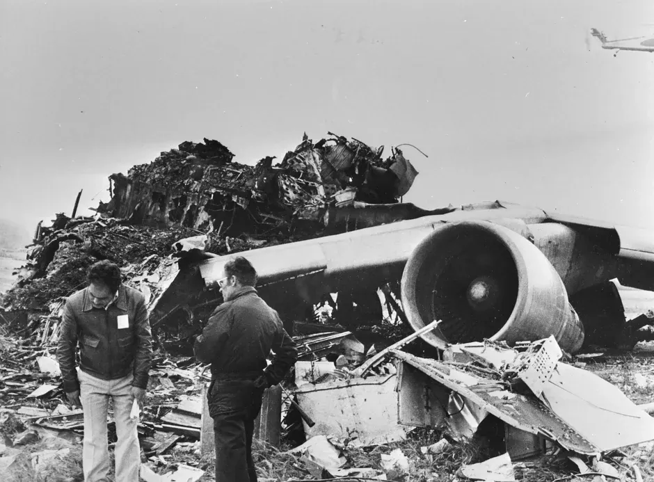 Wreckage of the Pan Am Boeing 747 at Los Rodeos airport, Tenerife, after the 1977 disaster -- the deadliest accident in aviation history.