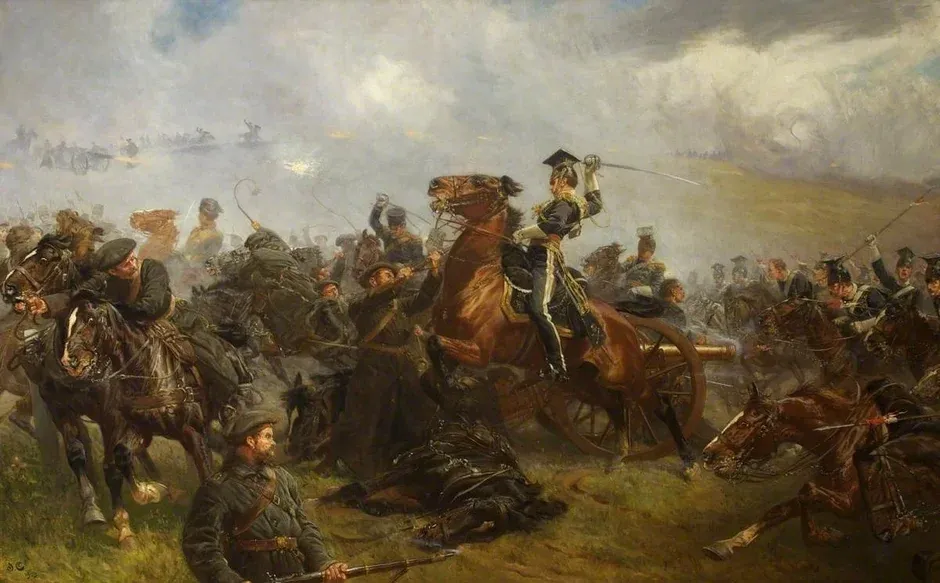 John Charlton's painting depicting the Charge of the Light Brigade during the Battle of Balaclava, 1854, with cavalry charging into cannon fire.