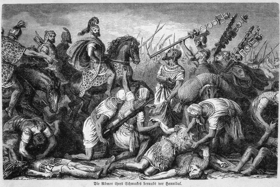 Heinrich Leutemann's 19th-century engraving depicting the Battle of Cannae, with Hannibal's Carthaginian forces encircling the Roman legions.