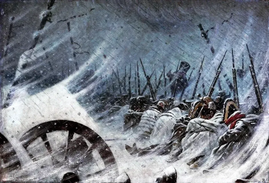 Vasily Vereshchagin's painting 'Night Bivouac of the Great Army' depicting Napoleon's soldiers huddled around fires during the 1812 retreat from Russia.