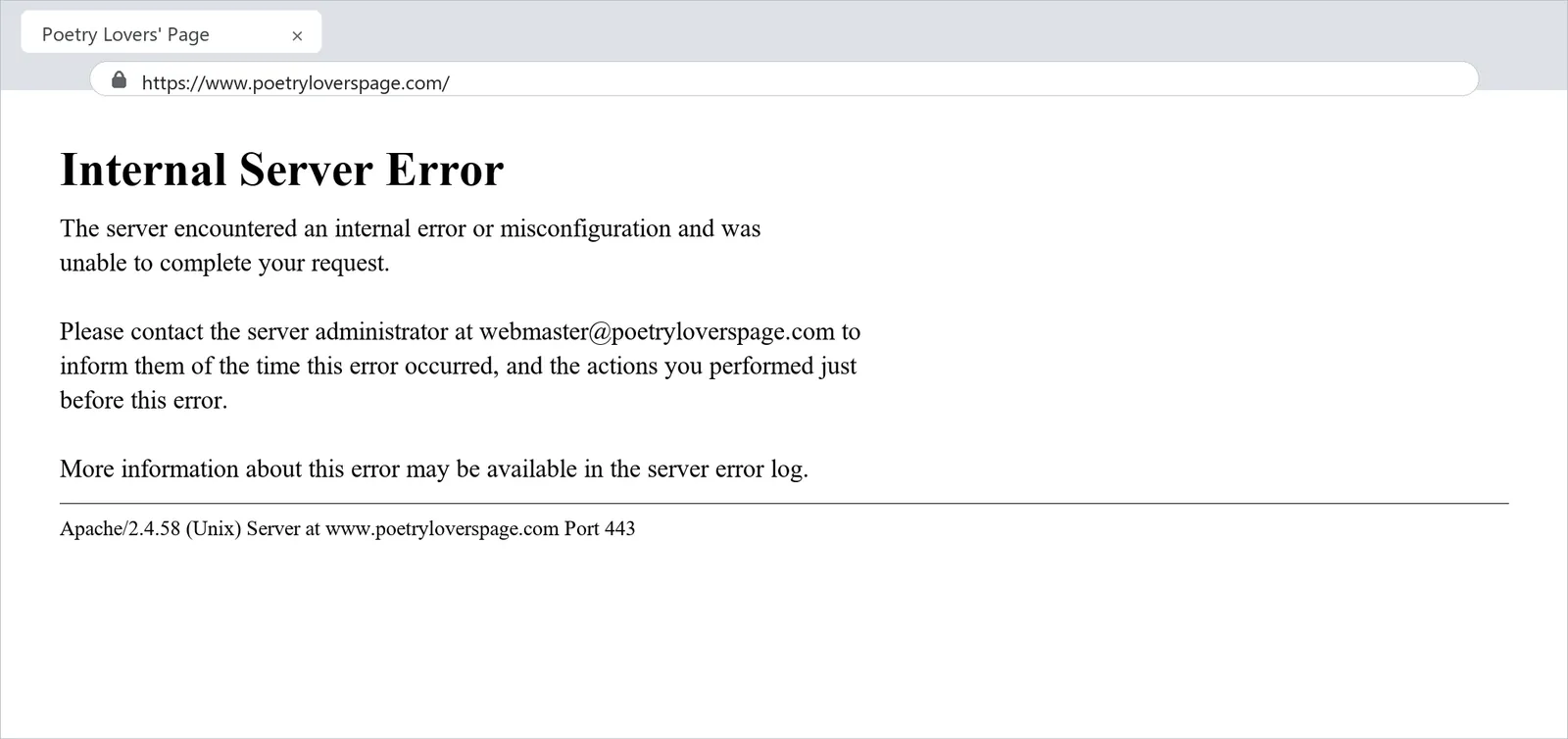 An HTTP 500 Internal Server Error page filling an entire website, the kind of AI-generated code security risk a single bad configuration line can cause.