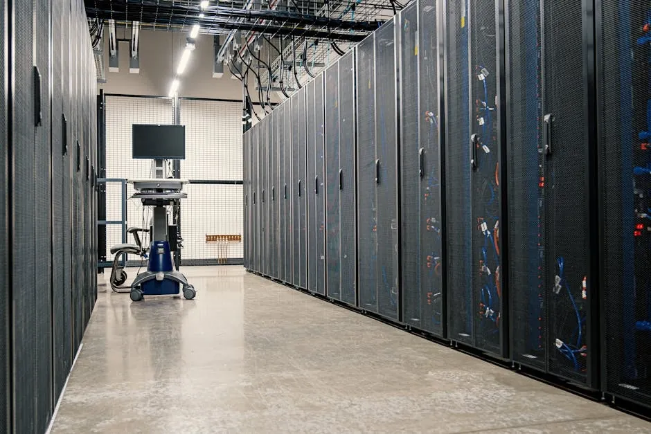 Long datacenter corridor with rows of server racks and indicator lights on both sides