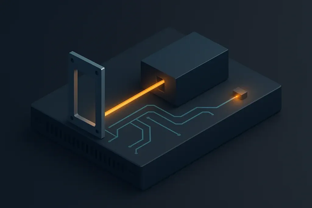 Isometric diagram showing a dark server chassis with an expression evaluator unit. An empty mounting frame at the evaluator's input boundary has no barrier plate installed. An amber signal beam passes through the empty frame and strikes the execution module, which glows amber. Teal circuit traces terminate at the frame edge without connecting to the execution path.