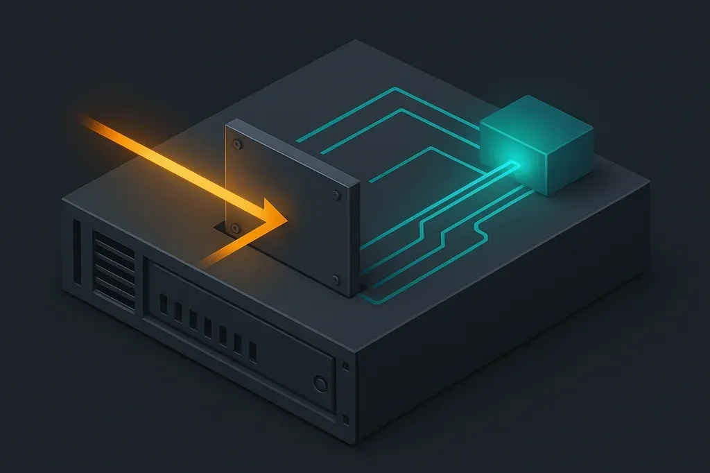 Isometric diagram showing a dark server chassis with an expression evaluator unit. A solid barrier plate fills the mounting frame at the evaluator's input boundary. An amber signal beam deflects off the barrier plate. Teal circuit traces connect the barrier plate to the execution module, which glows teal indicating no bypass.