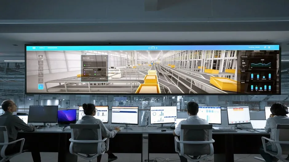 Network operations center with rows of monitoring screens displaying network status dashboards, CVE-2026-20127 management plane environment