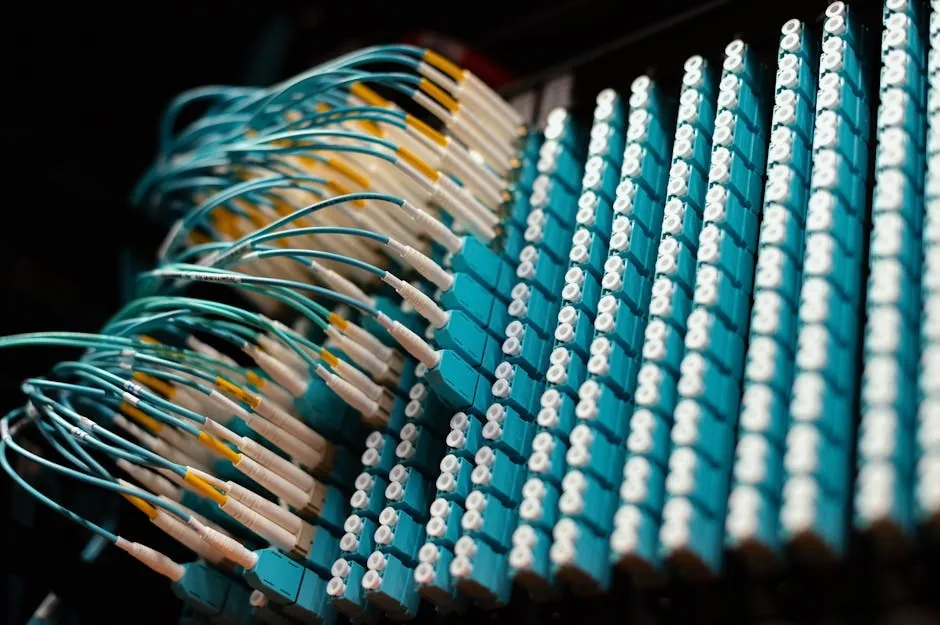 Close-up of bundled fiber optic cables with blue and teal light transmitting through glass strands