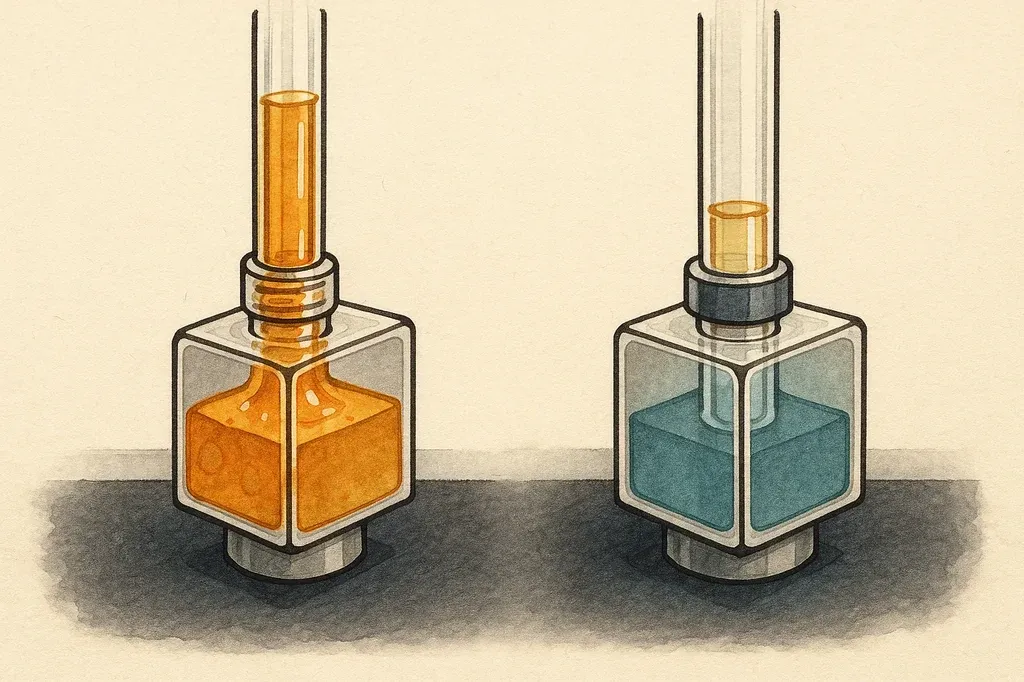Ink-and-watercolor illustration of two glass conduit assemblies on a dark surface. The left assembly has no isolation fitting at the joint; amber fluid seeps through the threads into the mechanism housing, staining it amber. The right assembly has a dark navy isolation ring seated in the joint; amber fluid stops at the ring and the housing interior remains teal.