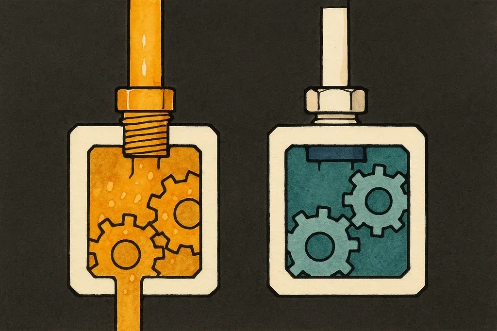 Ink-and-watercolor cutaway cross-section of two conduit-to-mechanism joints. The left joint has no gasket; amber fluid infiltrates the mechanism housing interior. The right joint has a dark navy isolation gasket seated in the joint; amber fluid stops at the gasket and the housing interior remains teal.