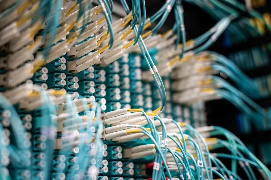 Close-up of fiber optic cables splitting into divergent paths at a junction point, with teal and amber light traveling in different directions